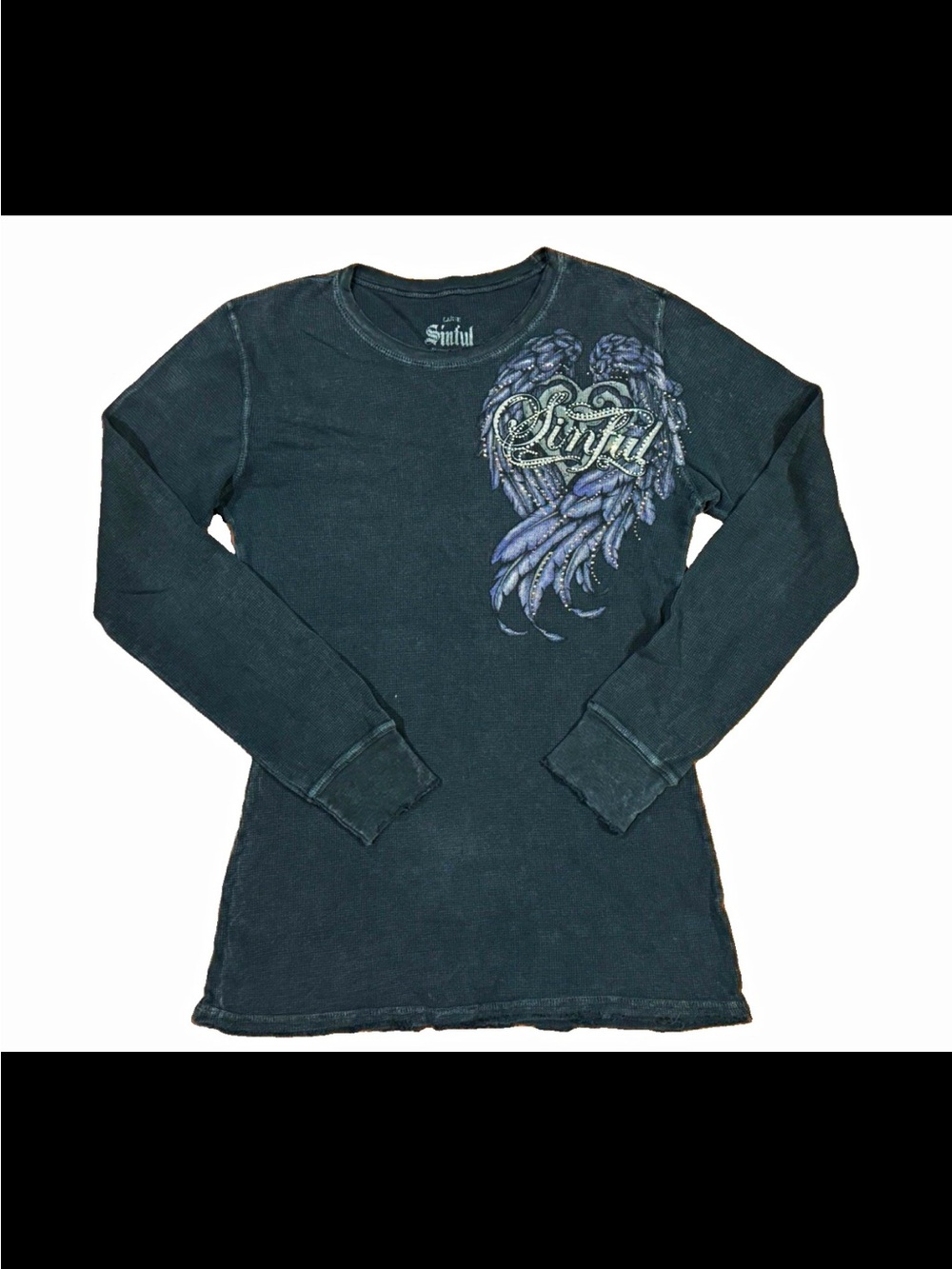 Sinful Women’s L Gray Crew Neck Long Sleeve Angel Graphic Rhinestone Y2K